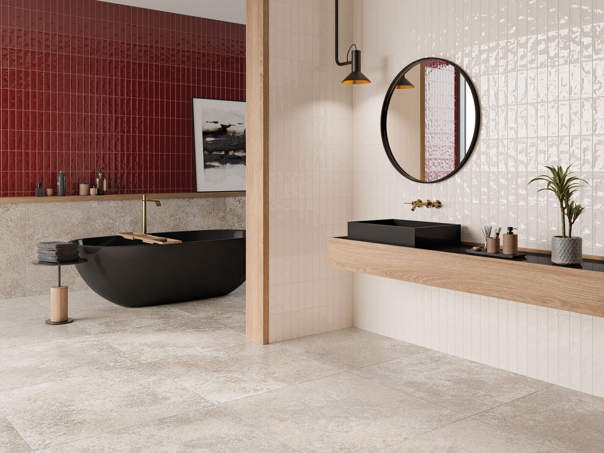 AMB NIZA CHERRY + IVORY 20X40 + TOSCANA SAND 90X90 BANYO AMB NIZA CHERRY IVORY 20X40 TOSCANA SAND 90X90 BANYO - Azulejos Mayólica